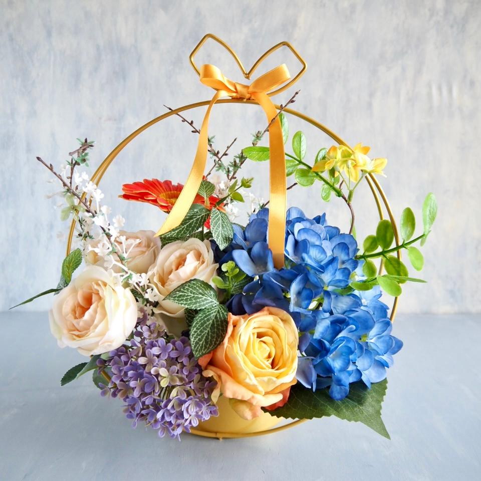 【父の日ギフト】ブルー紫陽花とローズのゴールドワイヤーアレンジメント | 1枚目