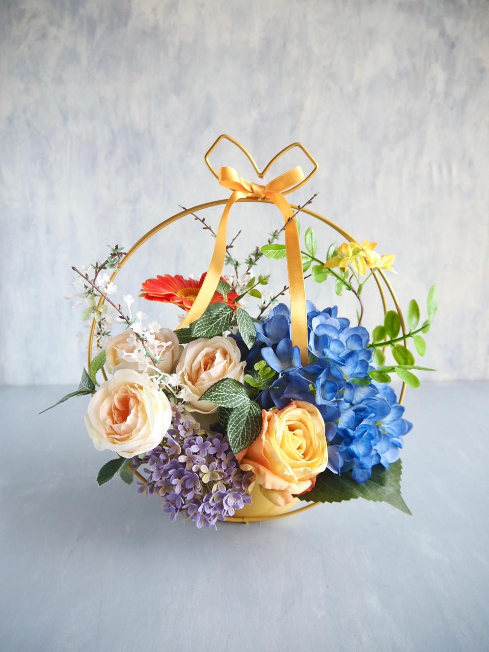 【父の日ギフト】ブルー紫陽花とローズのゴールドワイヤーアレンジメント | 11枚目