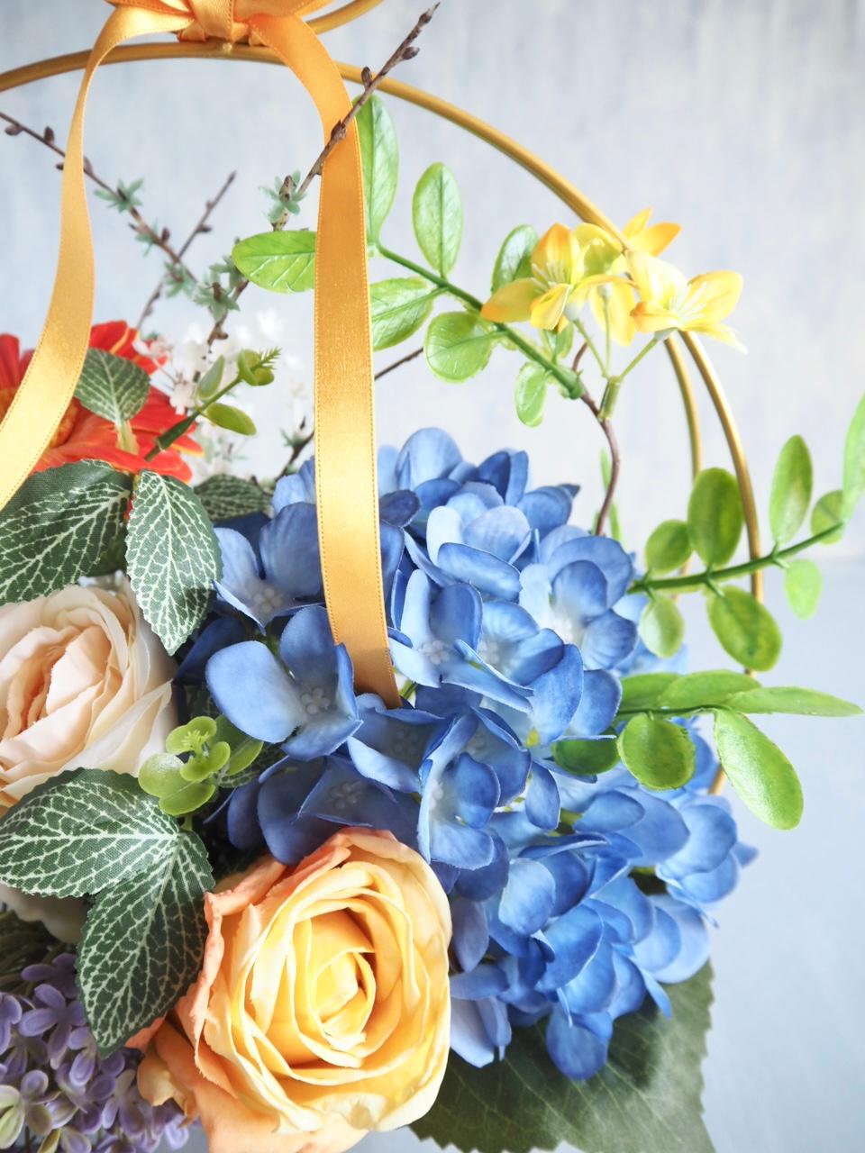 【父の日ギフト】ブルー紫陽花とローズのゴールドワイヤーアレンジメント | 14枚目