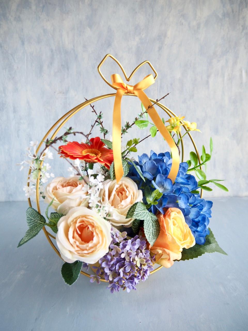 【父の日ギフト】ブルー紫陽花とローズのゴールドワイヤーアレンジメント | 2枚目