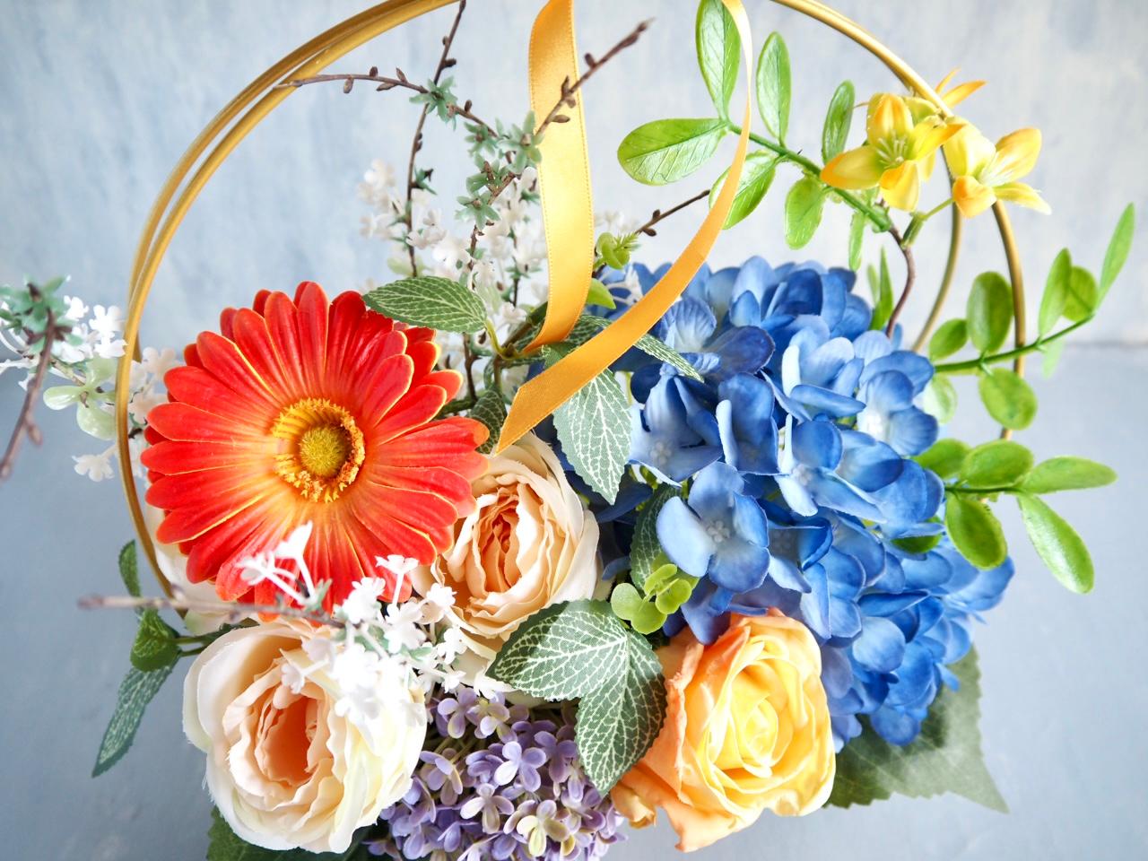 【父の日ギフト】ブルー紫陽花とローズのゴールドワイヤーアレンジメント | 3枚目