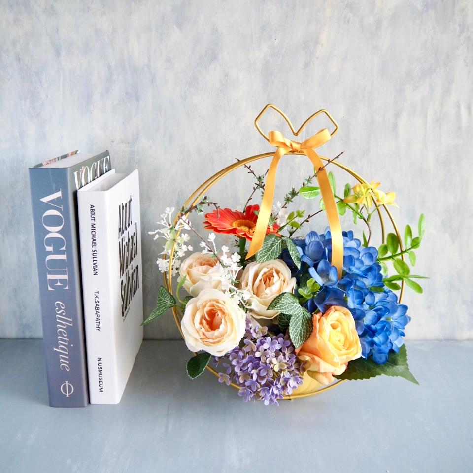 【父の日ギフト】ブルー紫陽花とローズのゴールドワイヤーアレンジメント | 5枚目