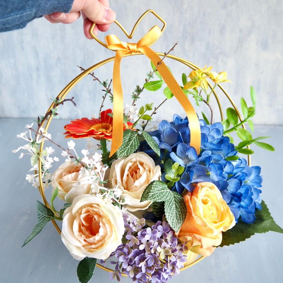 【父の日ギフト】ブルー紫陽花とローズのゴールドワイヤーアレンジメント | 6枚目