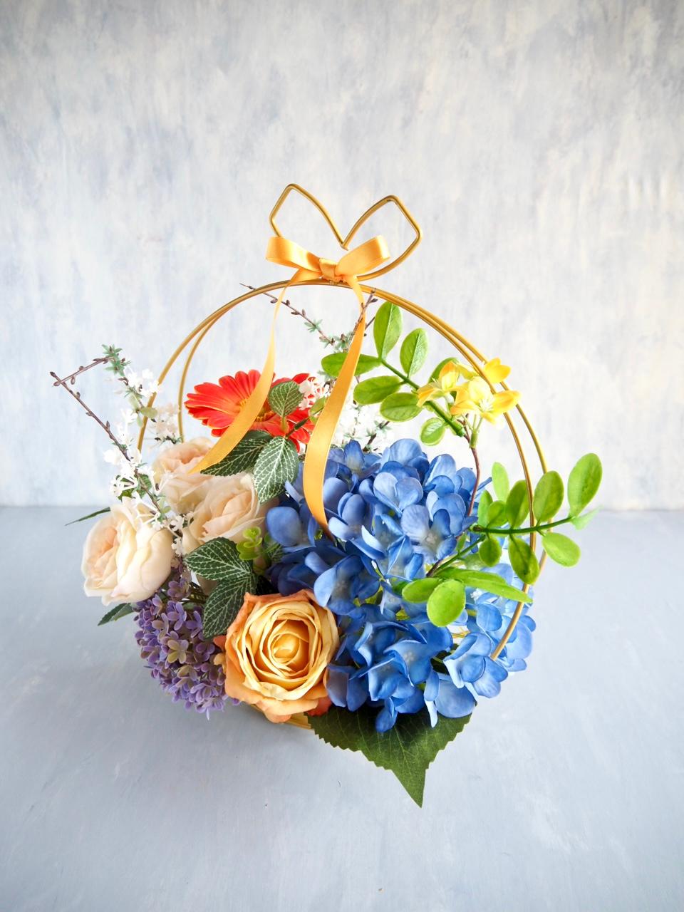 【父の日ギフト】ブルー紫陽花とローズのゴールドワイヤーアレンジメント | 7枚目