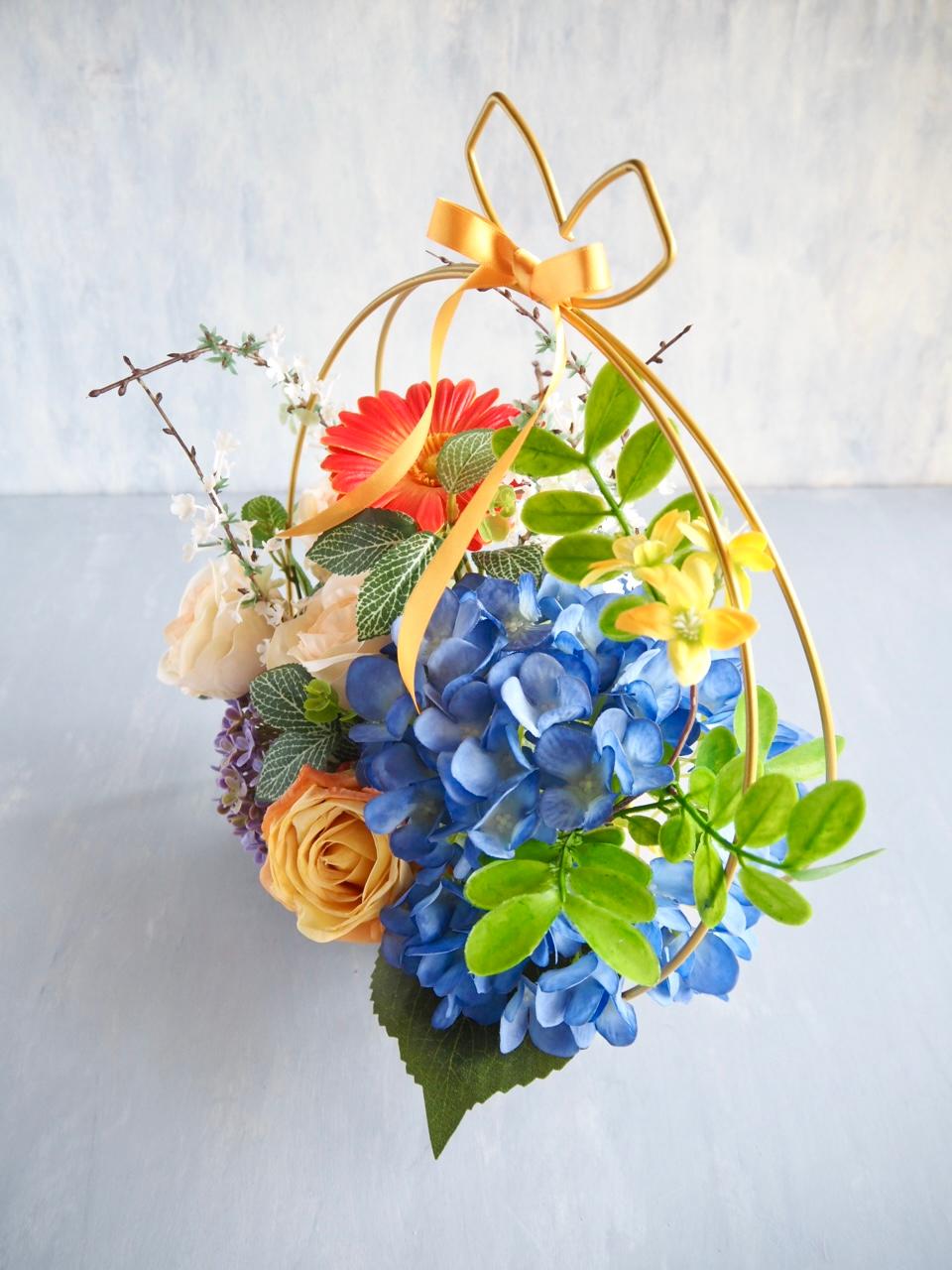 【父の日ギフト】ブルー紫陽花とローズのゴールドワイヤーアレンジメント | 8枚目