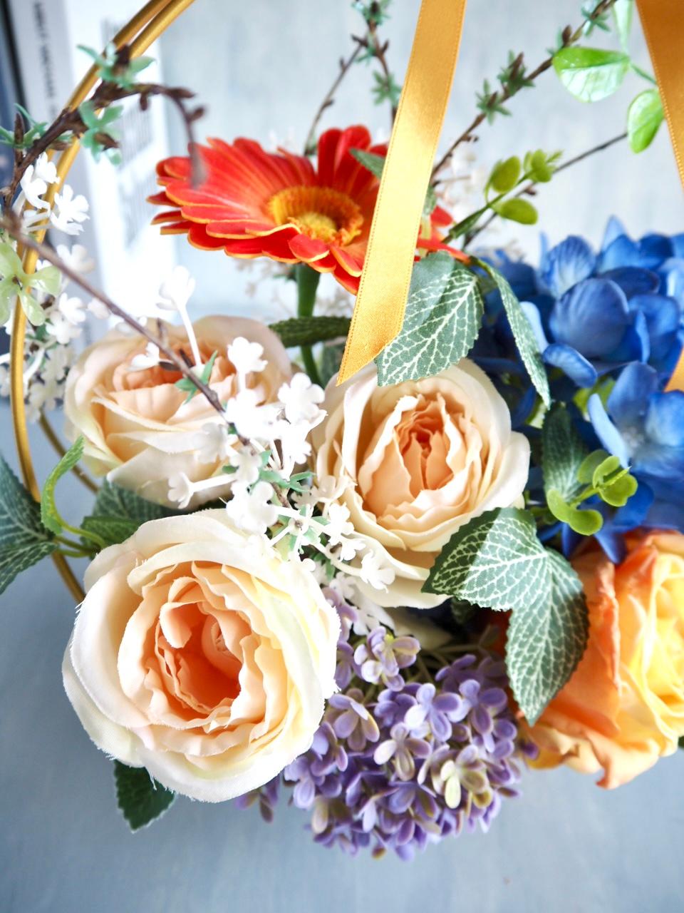 【父の日ギフト】ブルー紫陽花とローズのゴールドワイヤーアレンジメント | 4枚目