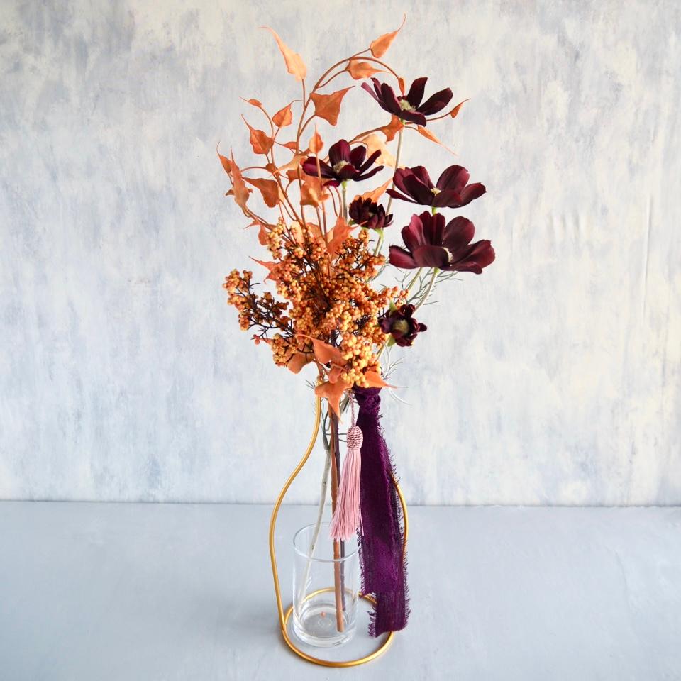 【チョコレートコスモスと秋色グリーン】｜アーティフィシャルフラワー 花瓶アレンジ| 秋｜ギフト・インテリア雑貨