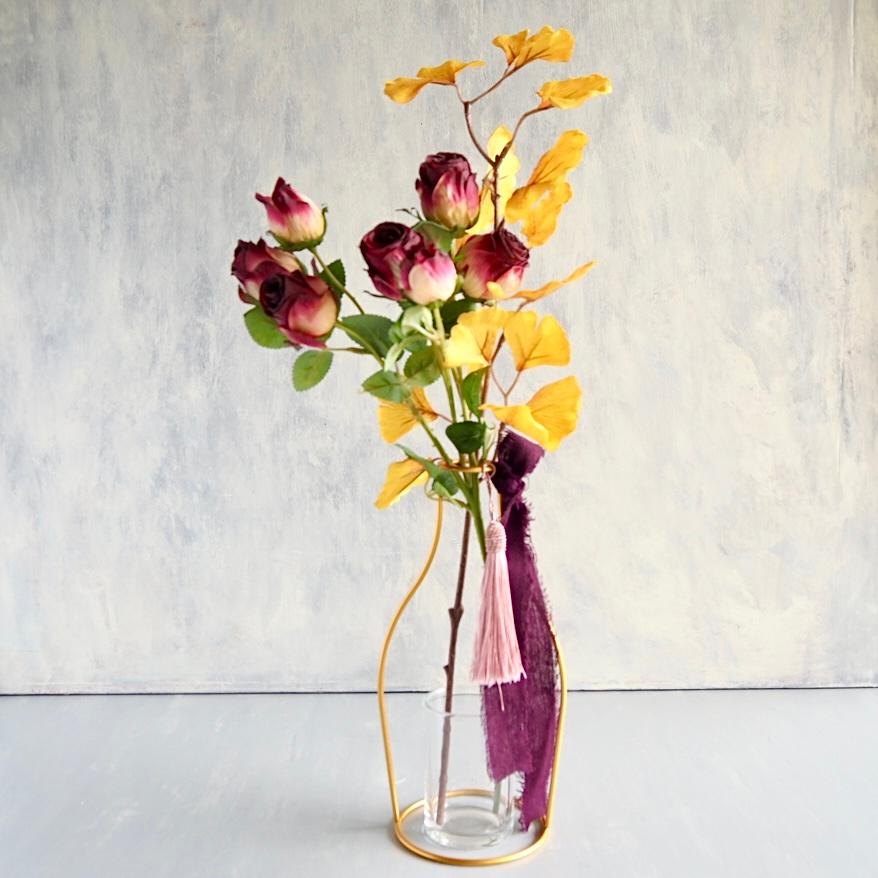 【アンティークミニローズ、イチョウ】｜アーティフィシャルフラワー 花瓶アレンジ| 秋｜ギフト・インテリア雑貨