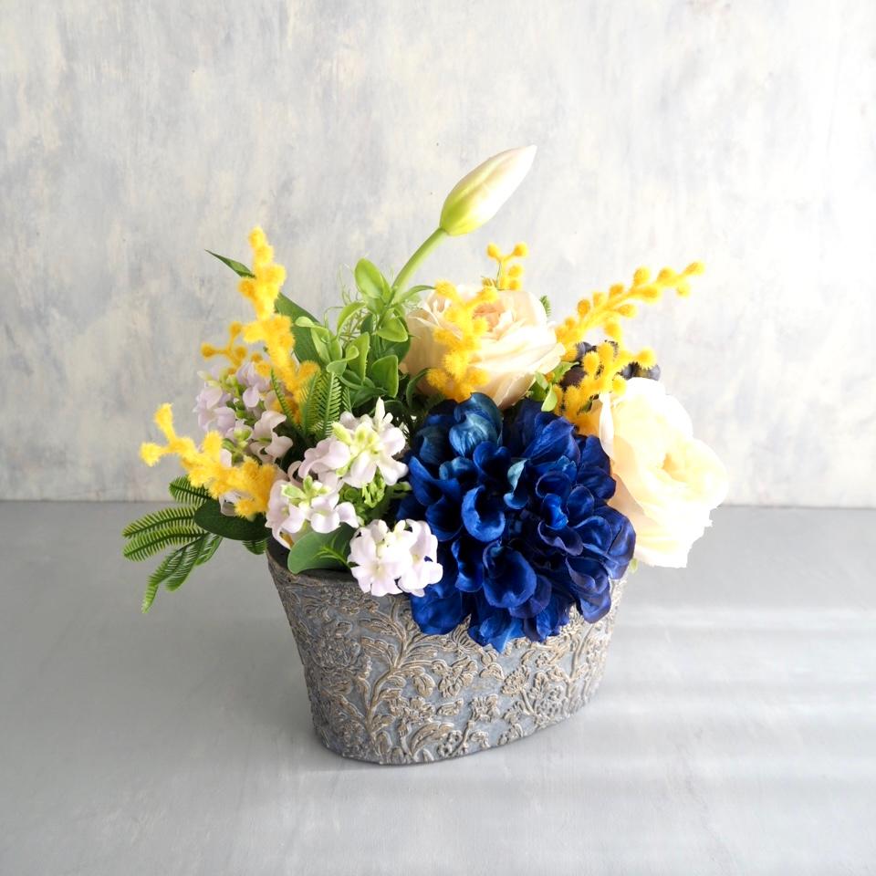 ブルーダリアとミモザの春色アレンジメント｜イエローローズとチューリップのアーティフィシャルフラワー